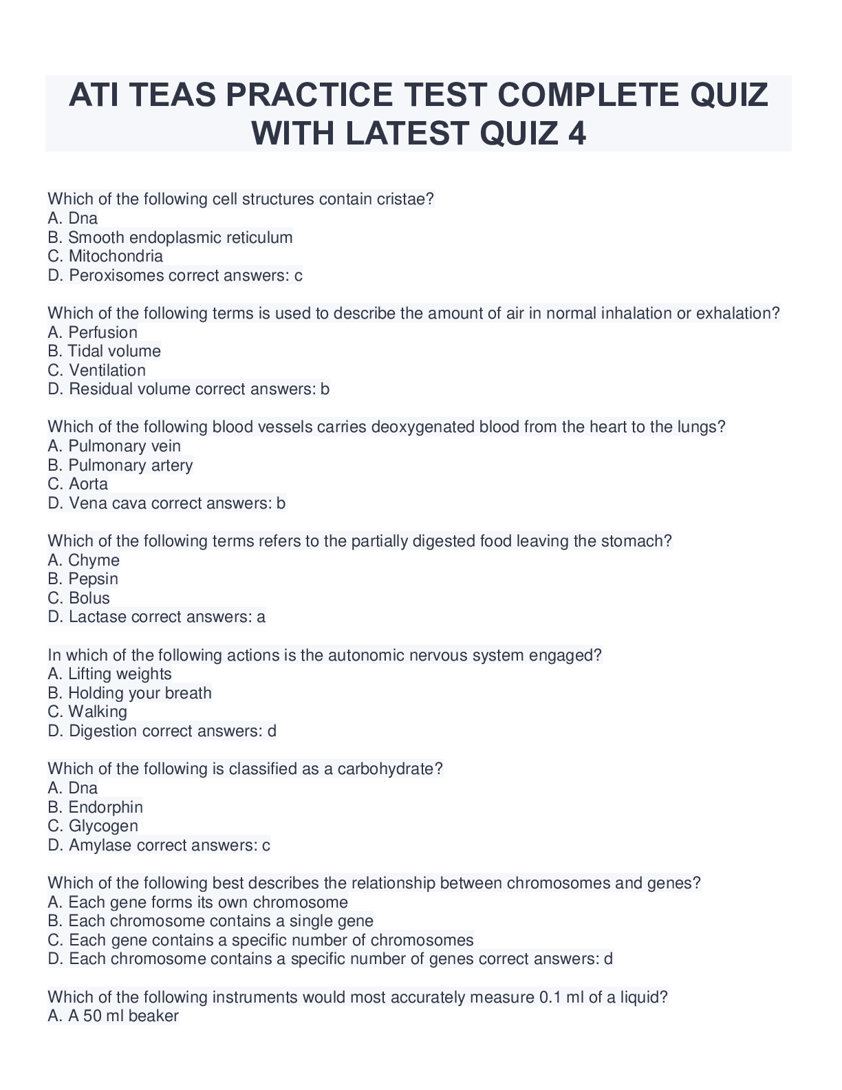 Preview image for ATI TEAS PRACTICE TEST COMPLETE QUIZ WITH LATEST QUIZ 4